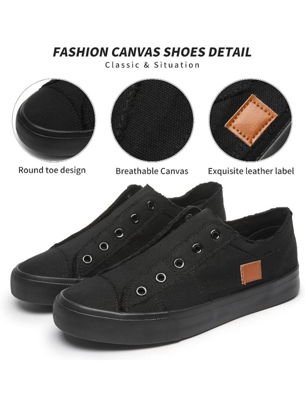 Womens Black Canvas Slip On Canvas Sneakers Non Slip Casual Fashion Sneakers - Picture 3 of 6